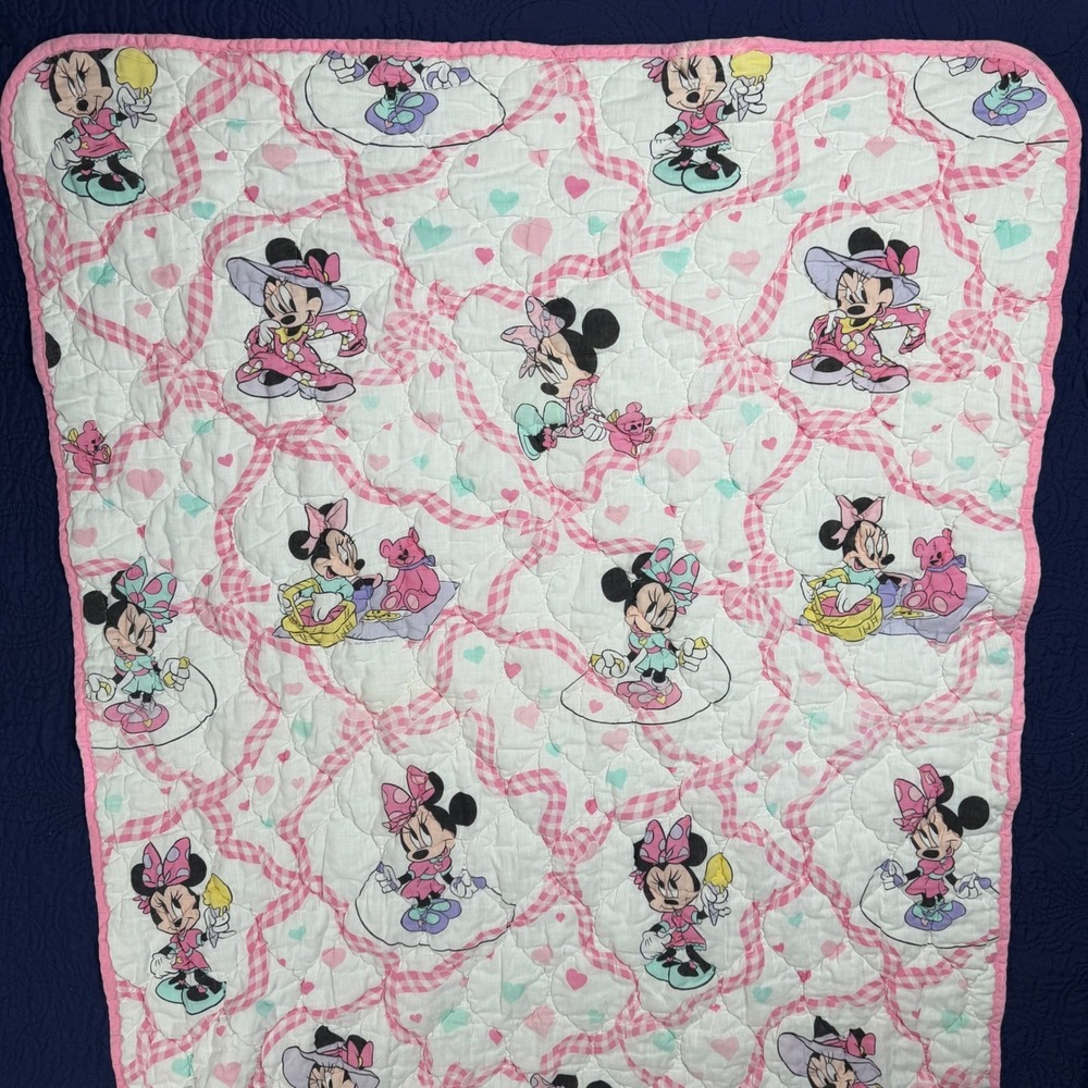 Vintage Dundee Minnie Mouse Baby Blanket Quilt Pink Hearts Gingham 52x36 Disney